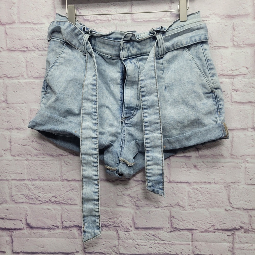 Express Shortie Super High Waist Belted Denim Short Sz 12 Preppy Y2K Cuffed Hem